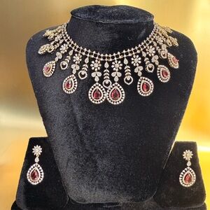 Gold-Tone Necklace and Earring Set with Ruby-Red Teardrop Accents